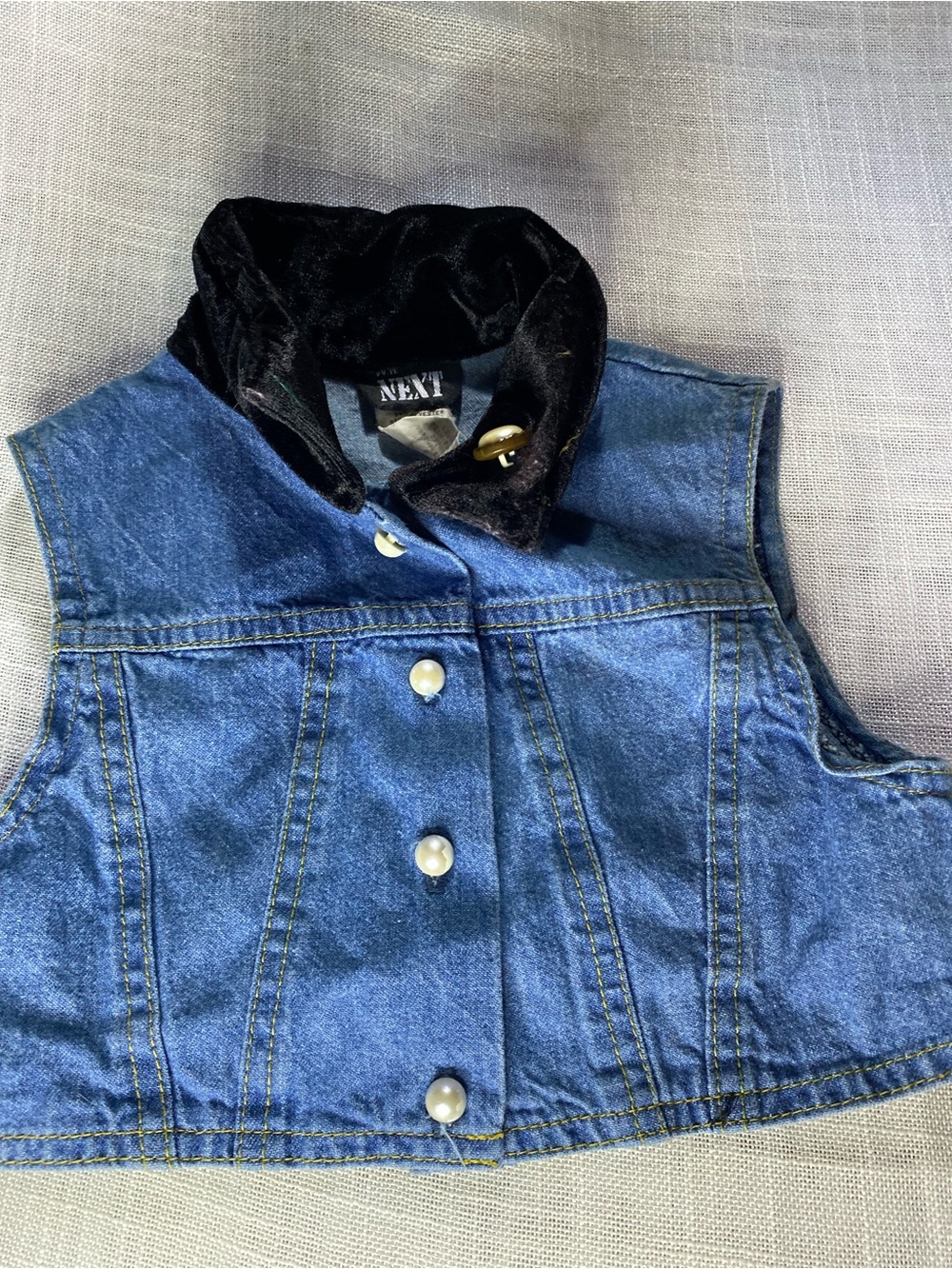 next Blue Denim Sleeveless Jacket with Black Velvet Collar